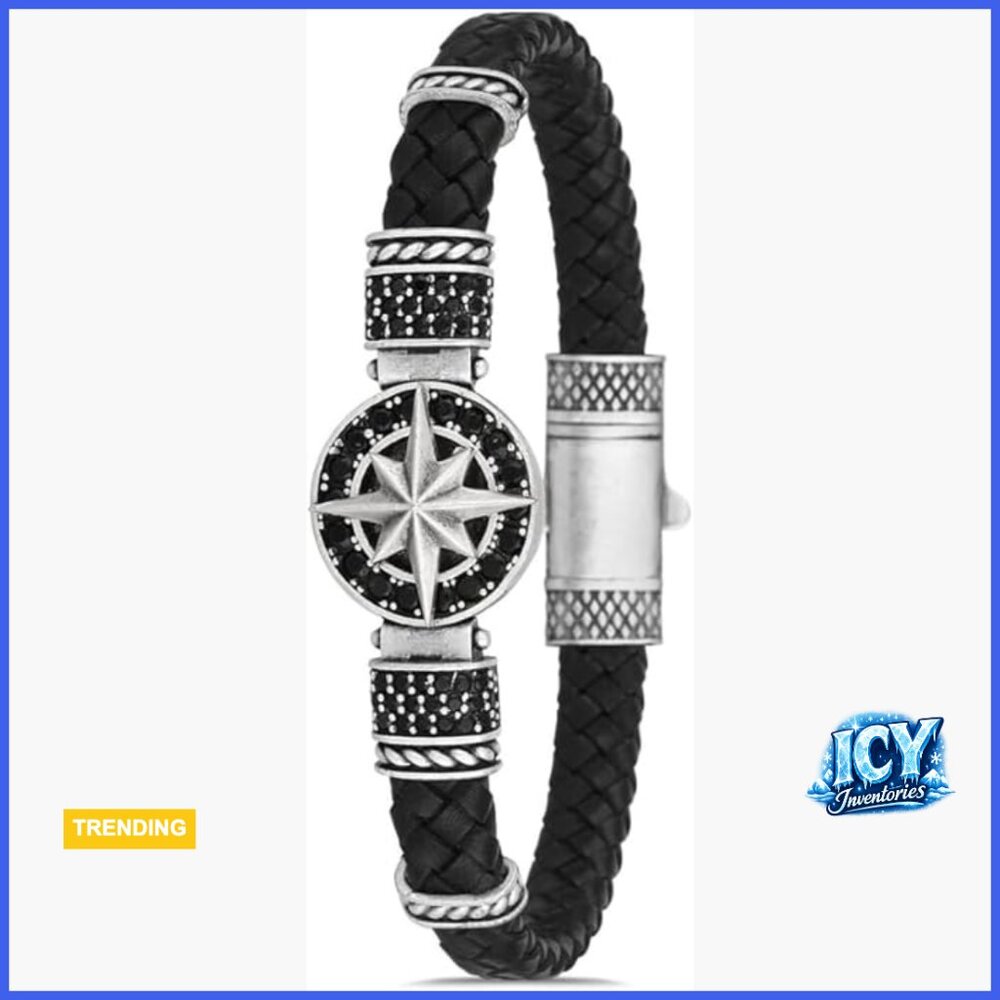 Leather Bracelet with Bronze and Zircon Stones for Men